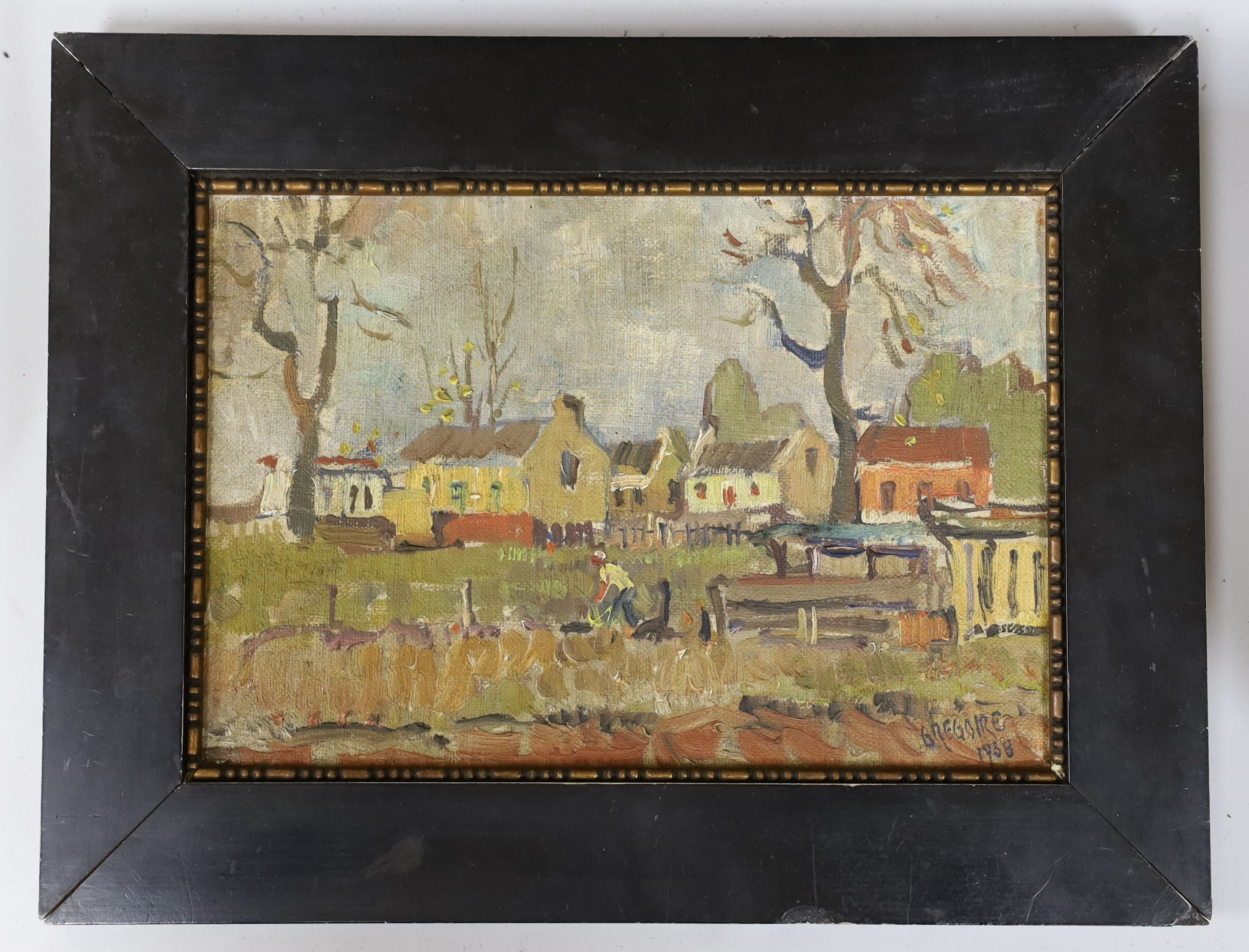 Gregoire Johannes Boonzaier (1909-2005), oil on canvas board, View of a village, signed and dated 1938, 17 x 25cm